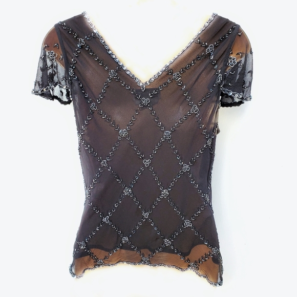 ♥️SOLD♥️Adrianna Papell Evening Wear Silk Bead Blk Blouse - Picture 8 of 13